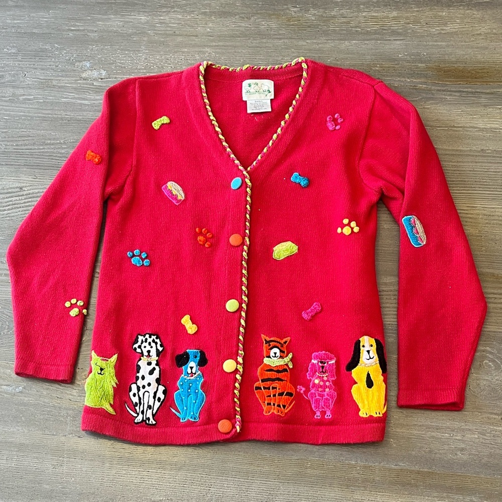 The Quacker Factory vibrant red cardigan Embroidered DOGS sweater SZ S VTG